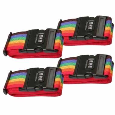 Pakket van 4x stuks kofferriemen bagageriemen met cijferslot 200 cm regenboog kleuren